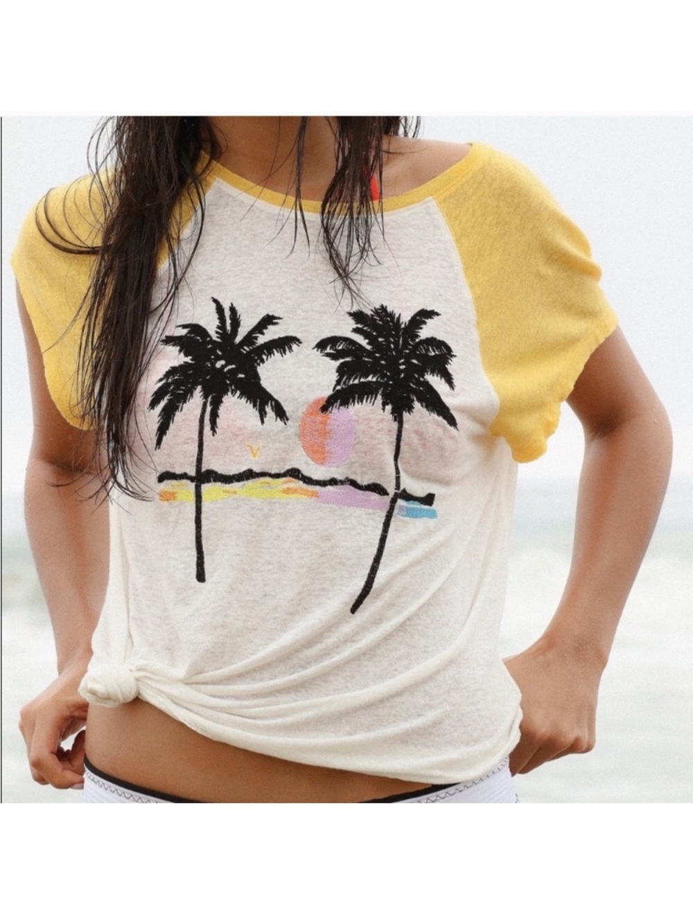Free People We The Free Yellow Sleeve Palm Tree Graphic Tee